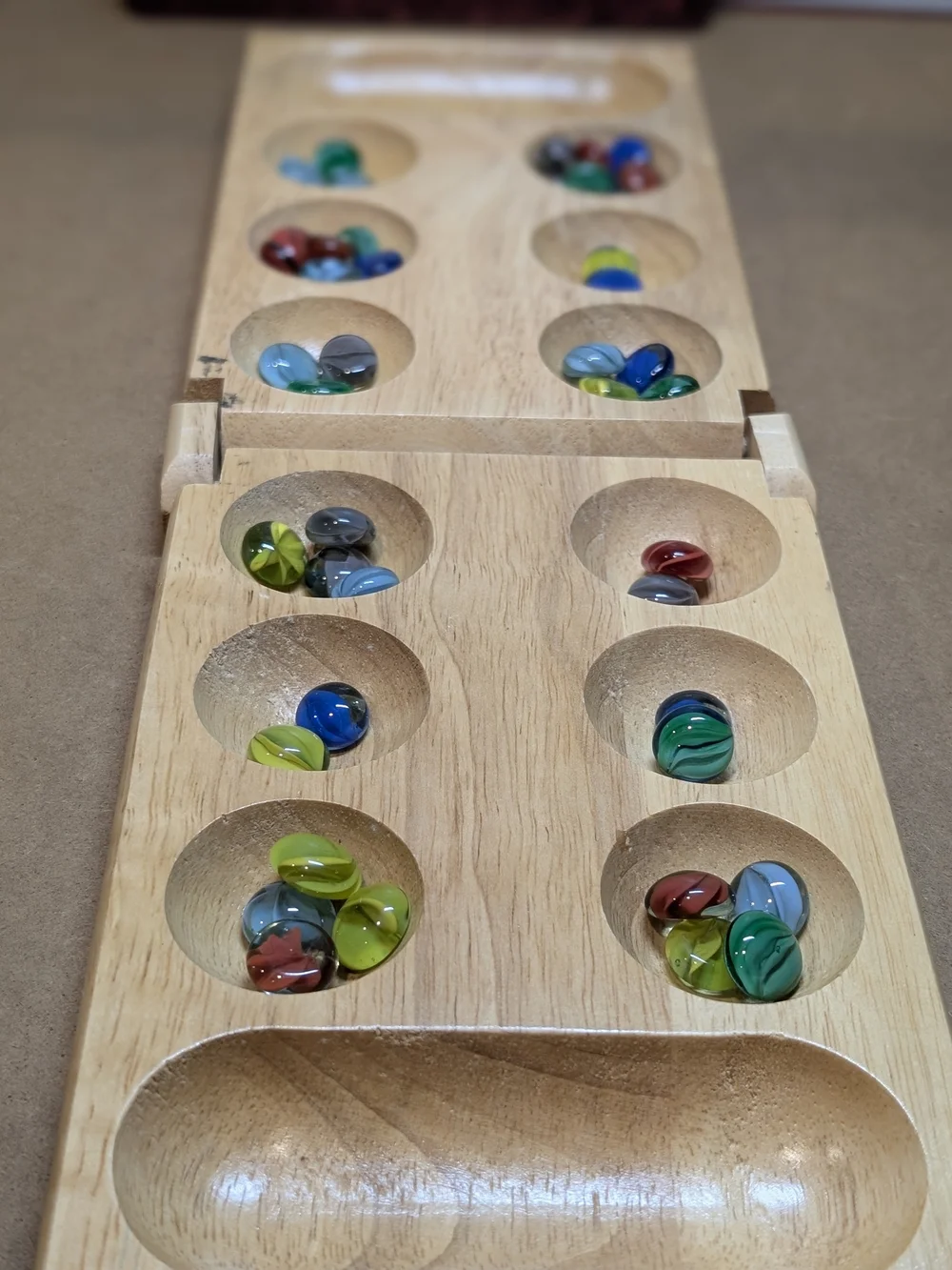 Wooden Mancala Game Set with Multicolored Glass Stones